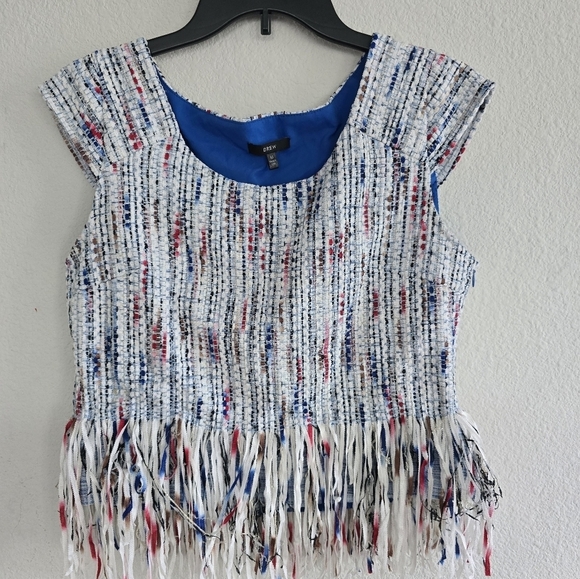 Drew By Anthropologie Tweed Fringe Top Womens Sz M White Pink Sleveless … - Picture 3 of 13